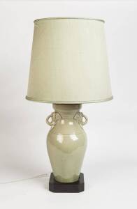 A Chinese celedon glazed barrel stool & lamp, 20th Century. Lamp 150cm high, stool 53cm high