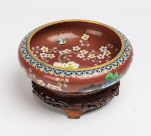 A Chinese cloisonné bowl on wooden stand, 20th Century. 26cm diameter 