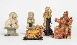 A collection of five pairs of Chinese carved soapstone figures. The largest 25cm high