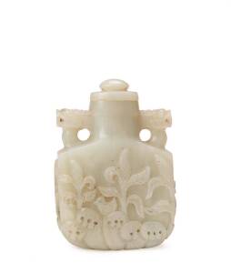 A Chinese carved celadon jade snuff bottle, 19th Century. 7cm high