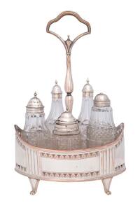 An antique five bottle cruet set, English sterling silver tops with Sheffield plated stand. 19th century