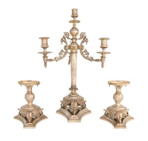 An impressive silver plated candelabra with matching garnitures, 19th Century.  56cm & 19cm high