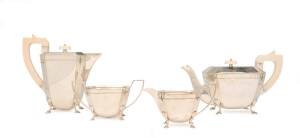 An Art Deco sterling silver 4 piece tea service with ivory handles by E.Viner of Sheffield, circa 1930s. Tallest 21cm