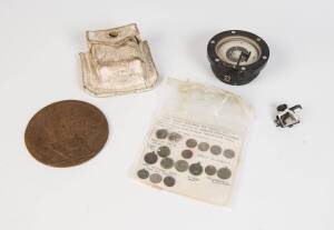 Death Penny, WW1 for Andrew Beverly plus a group of folk art love tokens, military compass & mounted compass.  