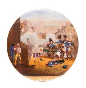 A French porcelain plaque with hand painted scene, noted in pencil verso "Lille 1830". French Revolution