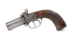 Percussion cap 4 shot pistol with 9mm bores and turnover double barrels by J. Lang of London, circa 1840. 