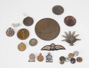 MILITARY GROUP, noted WW1 Memorial Plaque (Dead Man's Penny) for William Gregory; medallions (4) including "Victorian Golf Association War Medallion"; badges (8), buttons (7) & Trench art.