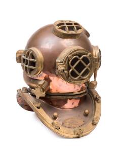 A vintage replica diver's helmet, Mk V U.S. Navy Divers Helmet based on the 1916 design by Morse finished in copper & brass. 50 high, 40cm wide, 40cm deep. Provenance: Kryal Castle collection.