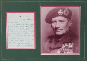  Bernard Law MONTGOMERY, 1st Viscount Montgomery of Alamein, [1887 – 1976], nicknamed "Monty": autographed letter sheet dated 30 Oct.1953 in which he requests a copy of Churchill's forthcoming publication on the econd World War. Attractively mounted and f