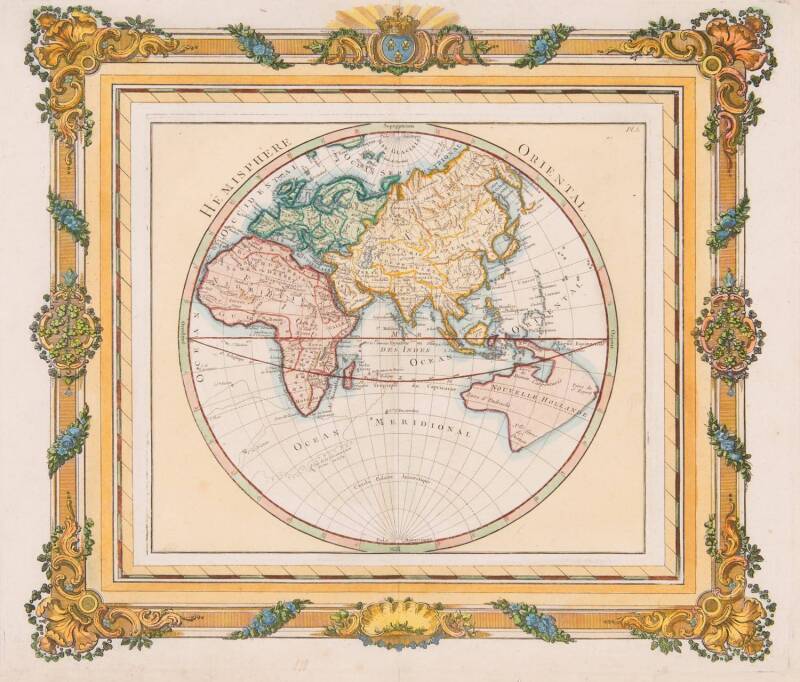 A French hand coloured map "Hemisphere Oriental", circa 1768, attributed to Brion de la Tour, pre Captain Cook with undefined east coast of Australia. 42cm x 36cm