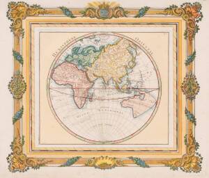 A French hand coloured map "Hemisphere Oriental", circa 1768, attributed to Brion de la Tour, pre Captain Cook with undefined east coast of Australia. 42cm x 36cm