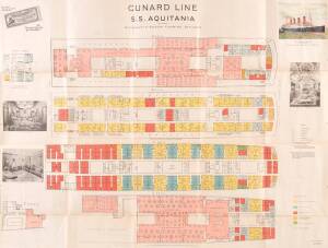 Cunard Line ship plans for the S.S. Mauretania & the S.S. Aquitania colour lithograph on linen backed paper with photographic interior scene views, circa 1929. 