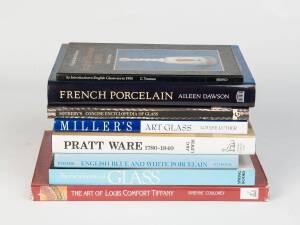 ART GLASS & CERAMICS: A small collection of hardcover large-format illustrated books; subjects including Tiffany, French porcelain, Pratt Ware, English Blue & White porcelain, Glass, etc. (8 vols.).