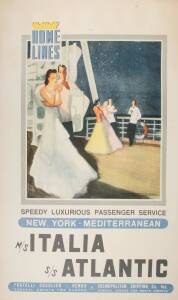 ITALIAN TRAVEL POSTER: "HOME LINES Speedy Luxurious Passenger Service New York - Mediterranean M/S Italia S/S Atlantic" circa 1948, colour lithograph for Fratelli Cosulich - Genoa and Cosmopolitan Shipping Co. Inc.; printed by Saiga, Genoa; 99 x 62cms, la