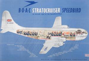 AIRLINE TRAVEL POSTER: "B.O.A.C STRATOCRUISER SPEEDBIRD an aircraft type in Speedbird Fleet", circa 1950, artwork by R. P. Hutchinson; 61 x 87cms, laid down on linen.