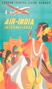 TRAVEL POSTER: "AIR-INDIA INTERNATIONAL LONDON-GENEVA-CAIRO-BOMBAY" colour lithograph, circa 1960, printed by Bolton Fine Art Litho Works Bombay; 97 x 61cms, laid down on linen.