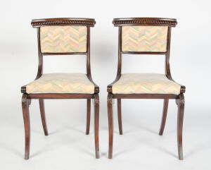 A set of five simulated rosewood dining chairs, English, together with small regency style gilt mounted rosewood side table, early 19th Century & later. The table 53cm high, 34cm wide, 29cm deep