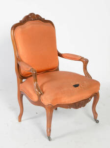 A French upholstered walnut framed fautieul armchair, 19th century.