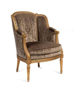 An antique arm chair with ornate carved gilt timber frame, English in the French style, 19th century 