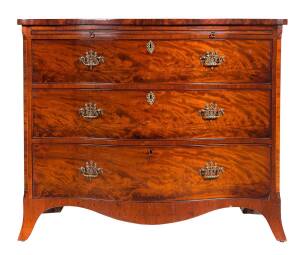 A Georgian mahogany 3 drawer chest with serpentine front, circa 1800. 99cm high, 119cm wide, 57cm deep