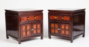 Two Chinese rosewood bedside table with glass tops. 55cm high, 51cm wide, 50cm deep 