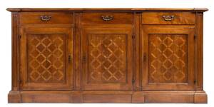 A large Italian provincial style parquetry inlaid fruitwood extension dining table & side board, 20th Century. Table 76cm high, 351cm long, 117cm wide. Sideboard 98cm high, 200cm long, 54cm deep (2 items) 