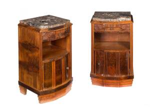 A pair of French Art Deco walnut bedside cabinets with marble tops. 72cm high, 41cm wide, 37cm deep