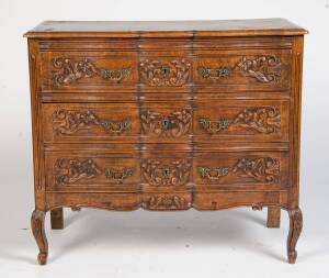 A Louis XVI style 3 drawer commode, carved & veneer oak, 20th Century. 88cm high, 102cm wide, 48cm deep. 