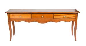 A French cherrywood 3 drawer servery table, 20th Century. 80cm high, 189cm wide, 52cm deep