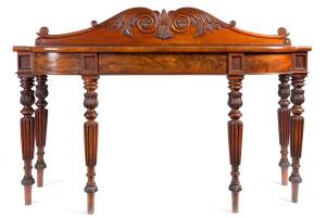 A Georgian English flame mahogany console table with early Thomas Hope scroll back. 120cm high, 177cm wide, 62cm deep