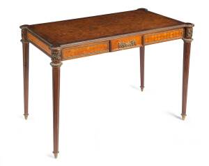 A French one drawer centre table with parquetry Kingwood veneer & ormolu mounts & trims. retailed by W.H Rocke &  Co, of Melbourne, late 19th Century. 74cm high, 101cm wide, 57cm deep