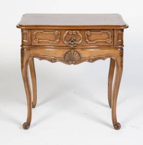  A pair of fruitwood French provincial style bedside tables.70cm high, 65cm wide, 47cm deep.