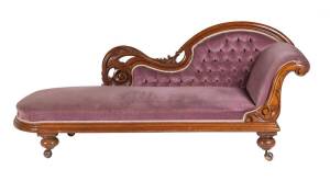 An Australian made cedar chaise lounge with buttoned velvet upholstery, Circa 1870. Length of back 192cm