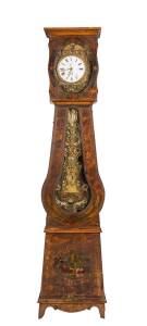 An antique Flemish long case clock with folk art hand painted timber case. 240cm high, 50cm wide, 20cm deep