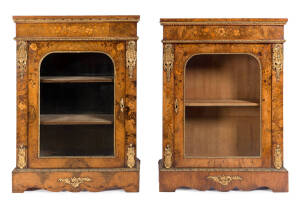 Two matched gilt mounted glazed burr walnut & marquetry side cabinets, English, 19th Century. 109cm high, 79cm wide, 33cm deep