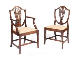 A set of 8 Hepplewhite mahogany dining chairs comprising 6 standard & 2 carvers. 