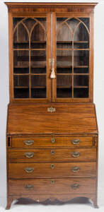 An English mahogany 19th Century four drawer drop front bureau bookcase. Height 216cm, width 97cm, depth 53cm.