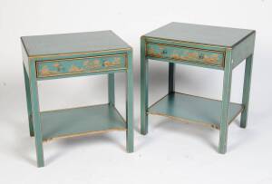 A pair of Chinoiserie style green and gilt bed side tables, 20th century. 70cm high, 61cm wide, 49cm deep