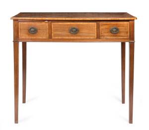 A Georgian mahogany ladies three drawer desk with walnut cross banding & satinwood stringing. 82cm high, 97cm wide, 