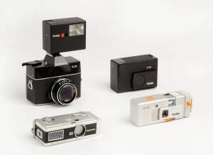 ROLLEI: Sub-miniature and compact cameras; a collection comprising Rollei A110 (black), Rollei E110 (silver), Rollei-16, Rollei-16S, Rollei A26, Rollei SL26, Rollei 35, Rollei 35T & Rollei Prego 70. Also several attachments, accessories, instructions, etc