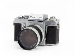 TOKYO KOGAKU (Japan): Topcon RE Super 35mm camera. The first SLR with fully coupled TTL metering. This one (SN 4624935) with RE Auto-Topcor 5.8cm f1.4 SN 1128101 and camera and lens brochures.