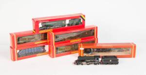 HORNBY: OO Scale steam locomotives with tenders, comprising R.259 B.R. Class D41/1 "Yorkshire"; R.078 G.W.R. 4-6-0 "King Edward 1"; R.859 LNER 4-4-0 "The Fitzwilliam"; R.320 SR West Country Class "Exeter" Limited Edition; R.322 BR 2-8-0 Class 8F; R.860 BR