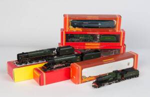 HORNBY: OO Scale locomotives with tenders, comprising R.078 BR "Flying Scotsman" 1961-63; R.390 GWR 4-4-0 "City of Oxford"; R.577 BR 4-6-2 Coronation Class "City of Nottingham"; %.583 SR 4-4-0 Schools Class "Shrewsbury"; R.2192 BR 4-6-2 Britannia Class "A