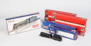 JOUEF: HO Scale collection comprising a Pacific South-East Steam locomotive 231 plus tender; a Charbon Mikado Steam locomotive 141 plus tender; a Verdun 140 Steam locomotive plus tender; also, 9 different passenger cars. Some NIB. (12 items).