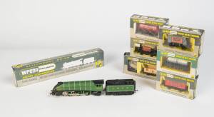 WRENN: OO/HO Scale W2209 4-6-2- Class A4 steam locomotive "Golden Eagle" with tender plus 6 freight cars; all in original boxes. (7 items).