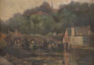 IN THE MANNER OF COROT:  French river scene, oil on board, 26 x 36.5 cm