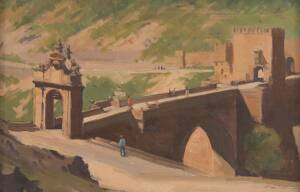 H A HANKE: Allantara Toledo, Spain, oil on canvas board, signed lower right, 29.5 x 44.5 cm