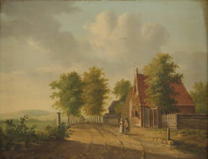 EUROPEAN SCHOOL: 19th century, Walking in the countryside, oil on board, 35 x 27 cm