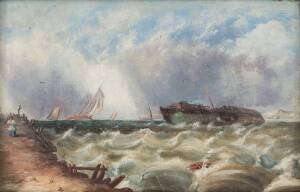 ARTIST UNKNOWN: Ships in a storm on English coast 1862, oil on board, inscribed verso, 19 x 29 cm