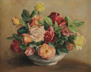 MINNIE SMYTHE: Roses, oil on board, initialled 'M S' lower right, 39 x 49 cm